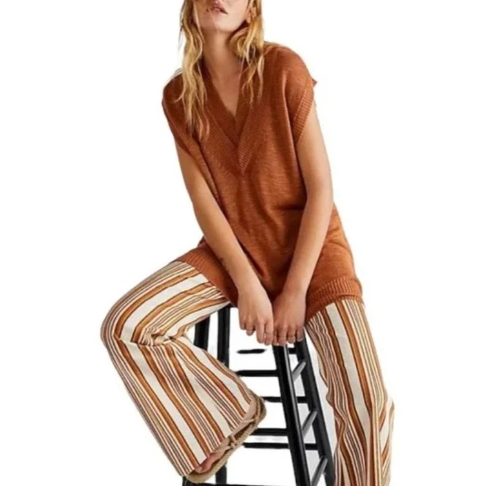 Free People Hannah Oversized Tunic Sweater Vest Knit Bronze V-Neck Size XS